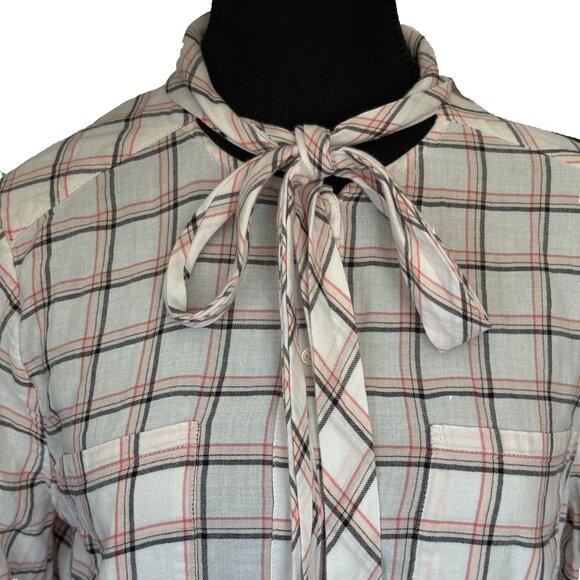 Joie Tie Front Blouse M | Brown Pink Cream Print Bib Collar Long Sleeve Boho Top - Picture 6 of 11